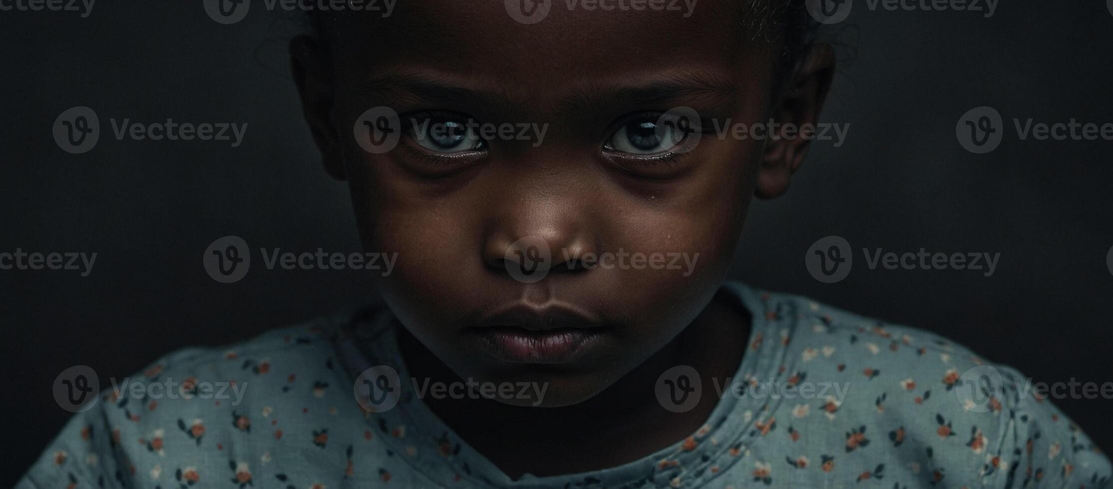 A young girl with blue eyes stares into the camera photo