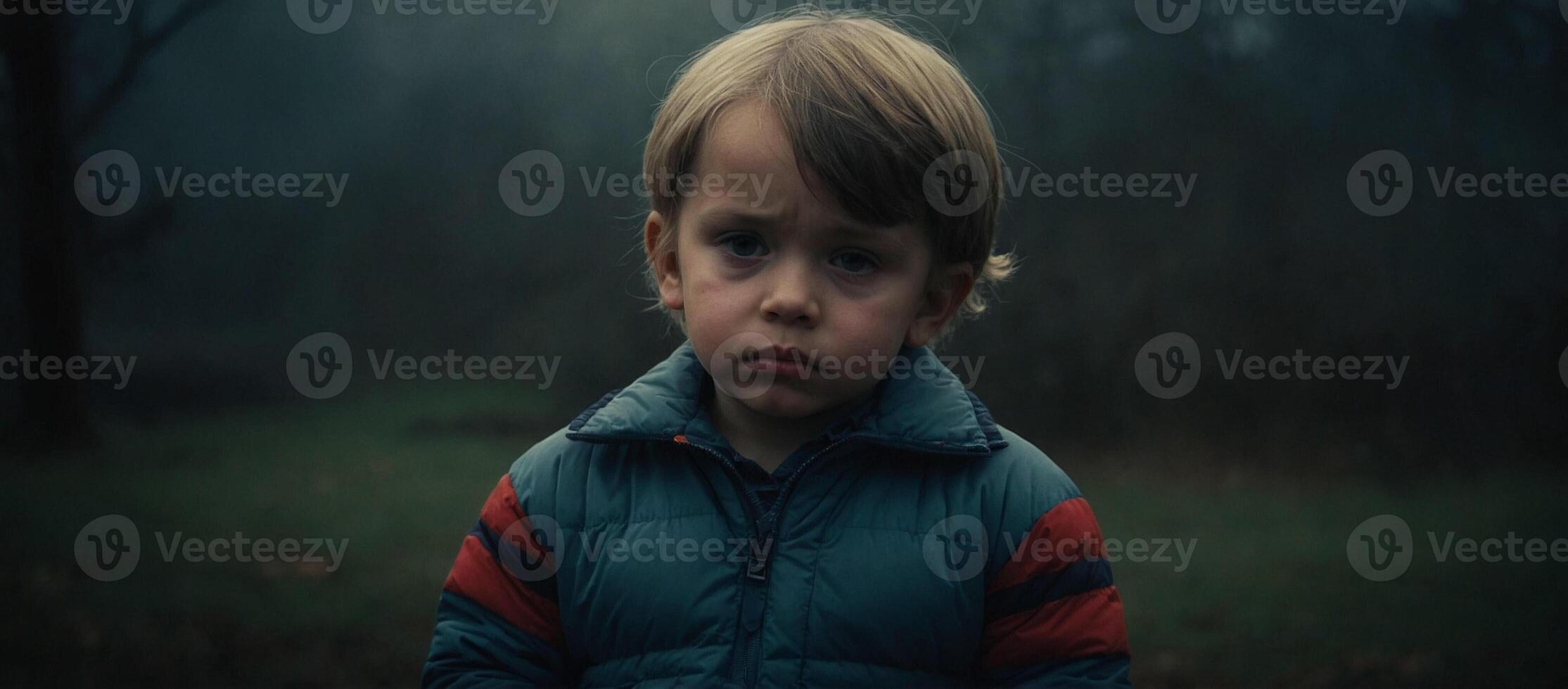 A young boy is standing in the woods photo