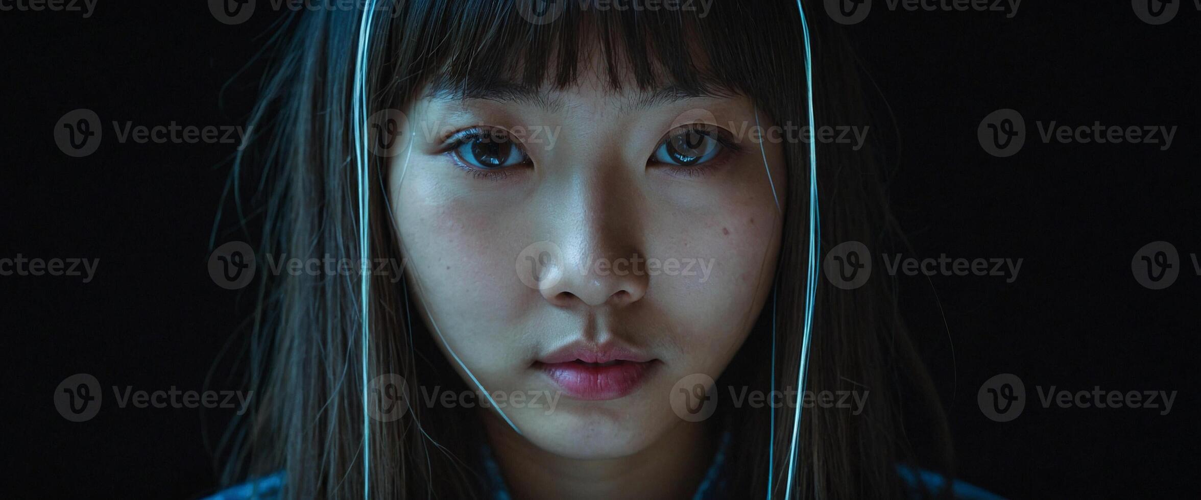 A young woman with long hair and blue eyes photo