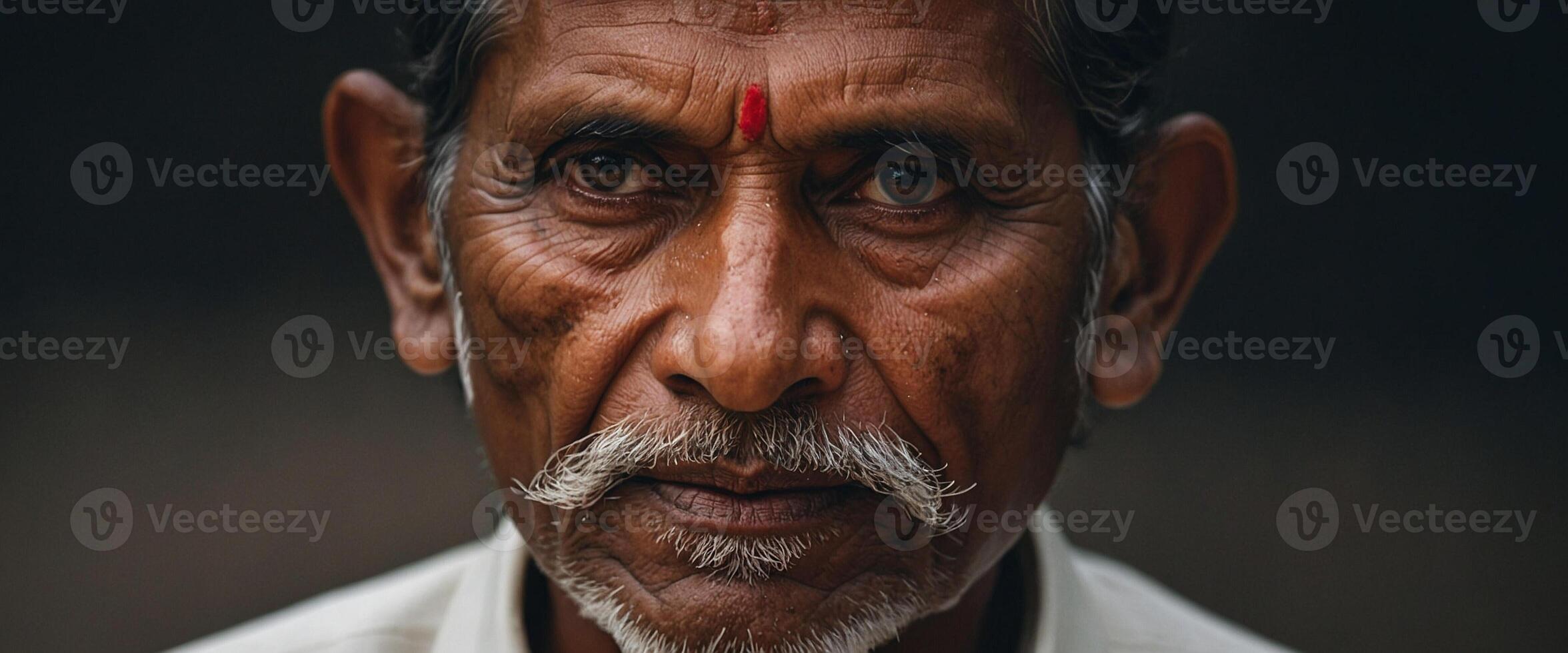 An old man with a mustache and a red dot on his forehead photo