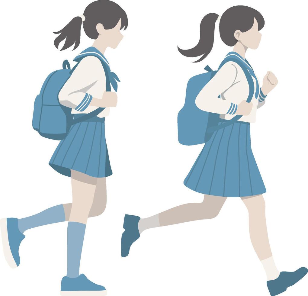 High School Female Students Running to School. vector