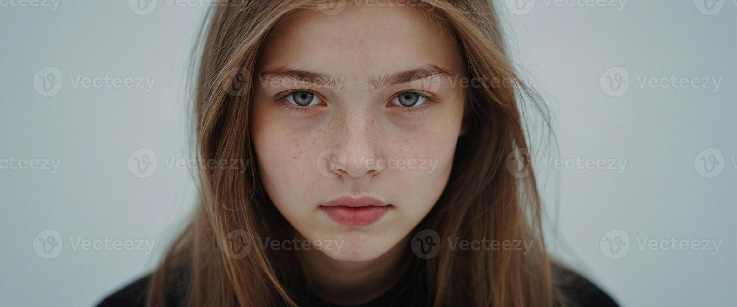 A close up of a young girl with blue eyes photo
