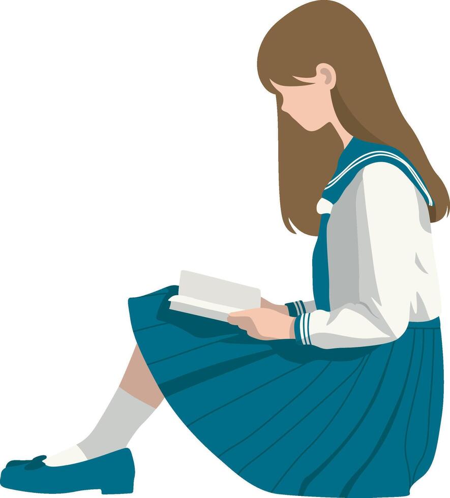 High School Female Student Reading Book Sitting on Ground. vector