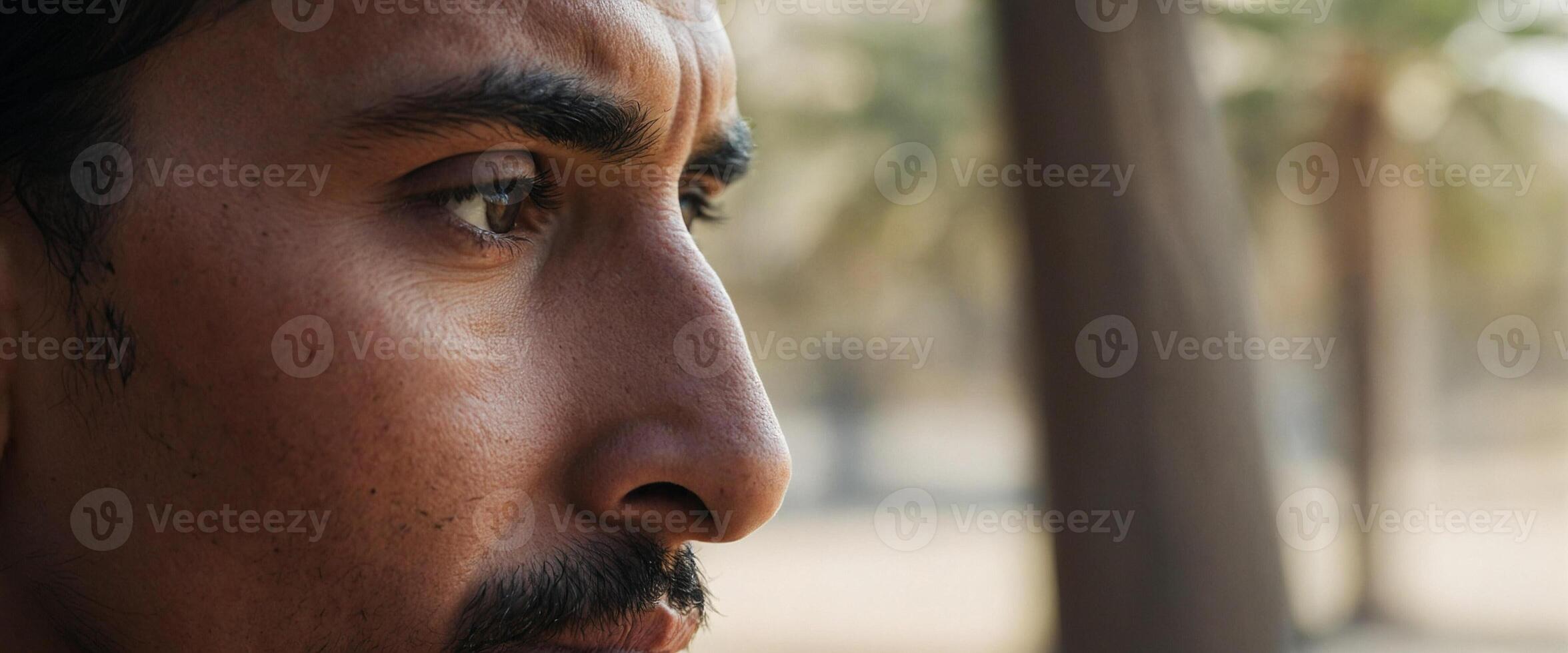 A man with a mustache looks away from the camera photo