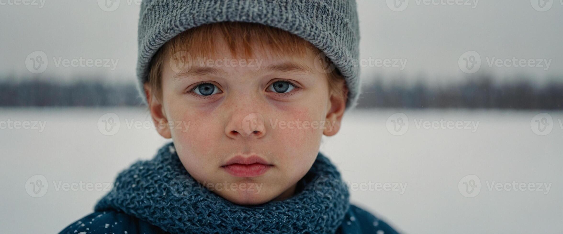 A young boy in a hat and scarf looking at the camera photo
