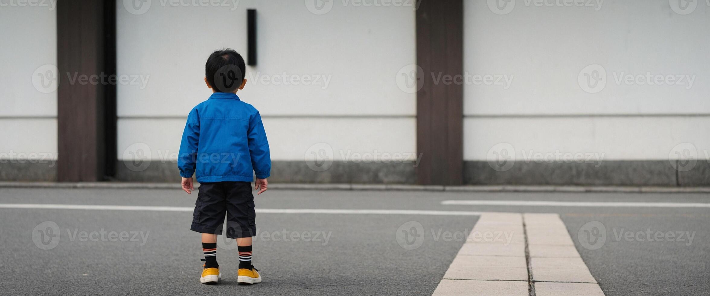 A young boy standing on the street looking at something photo