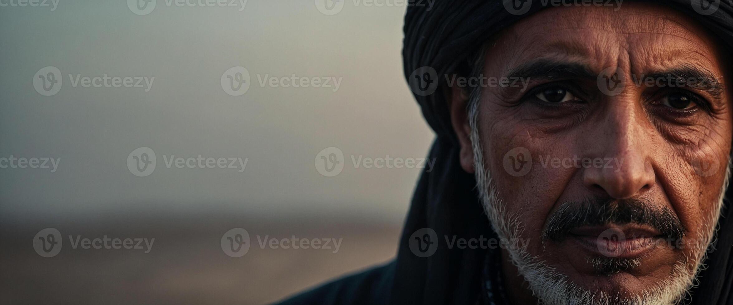 A man in a black turban looks into the camera photo