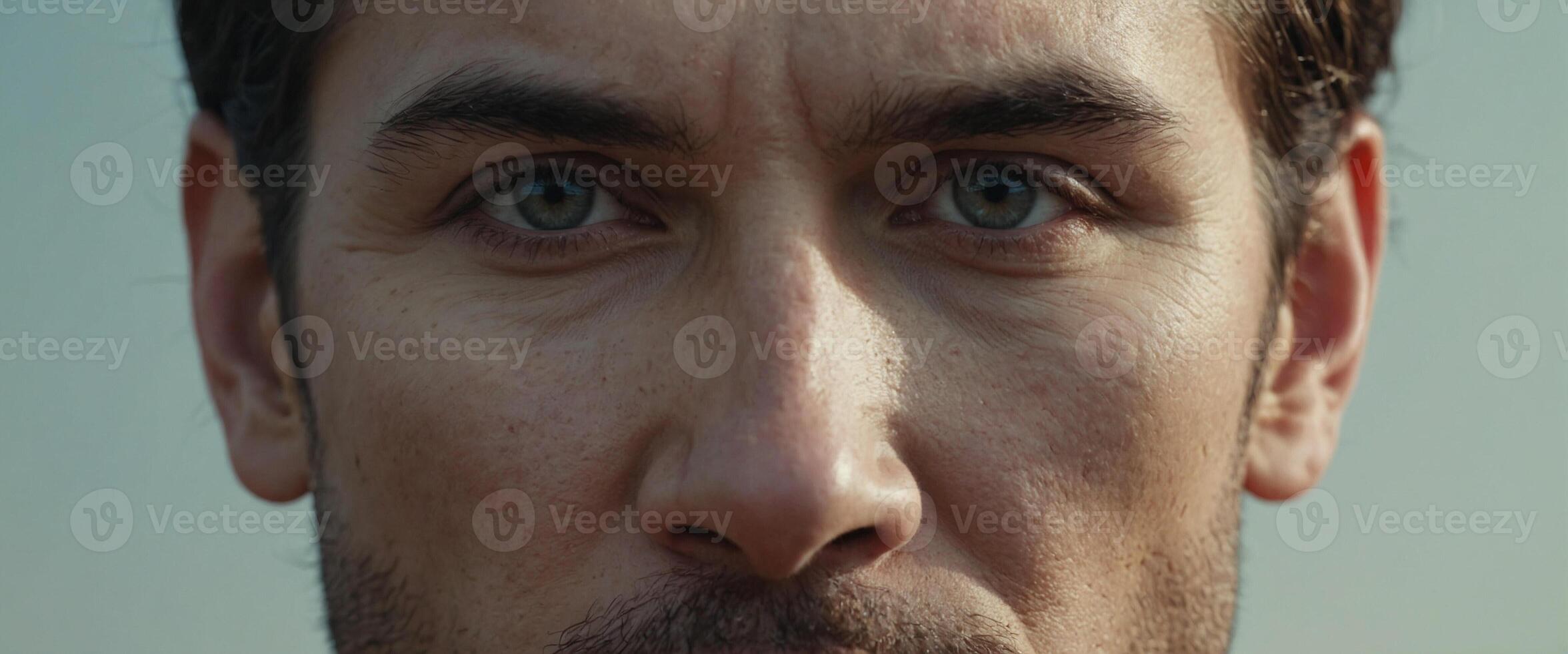 A close up of a man's face with a blue eye photo