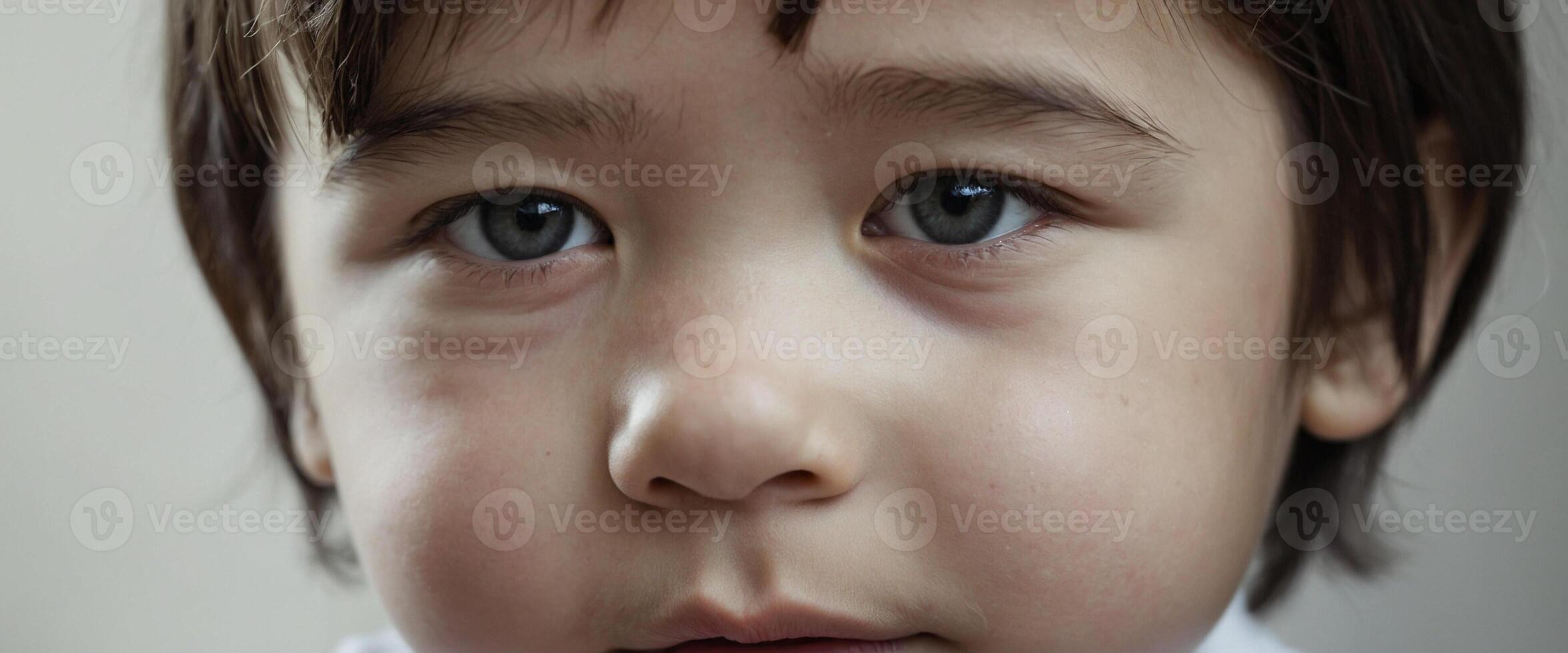 A close up of a young child with a serious look on his face photo