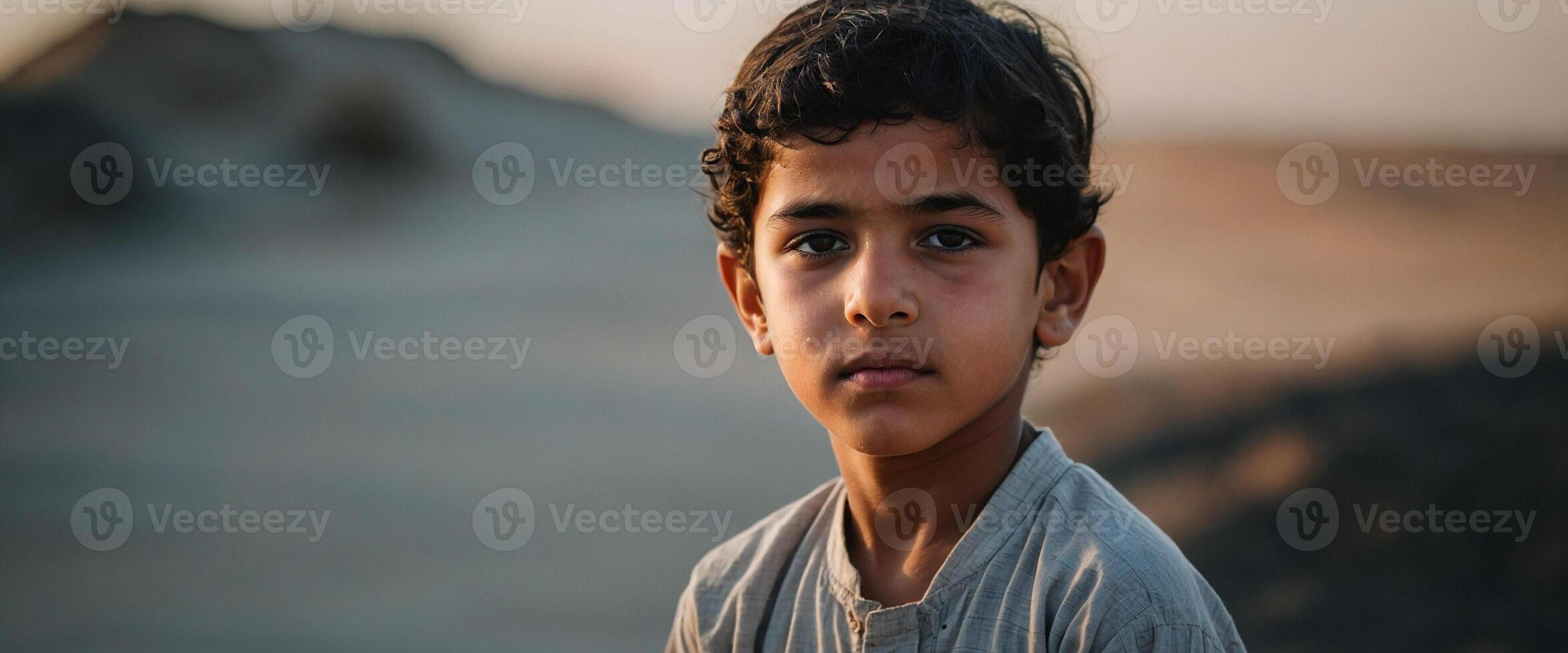 A young boy stares into the camera while standing in the desert photo