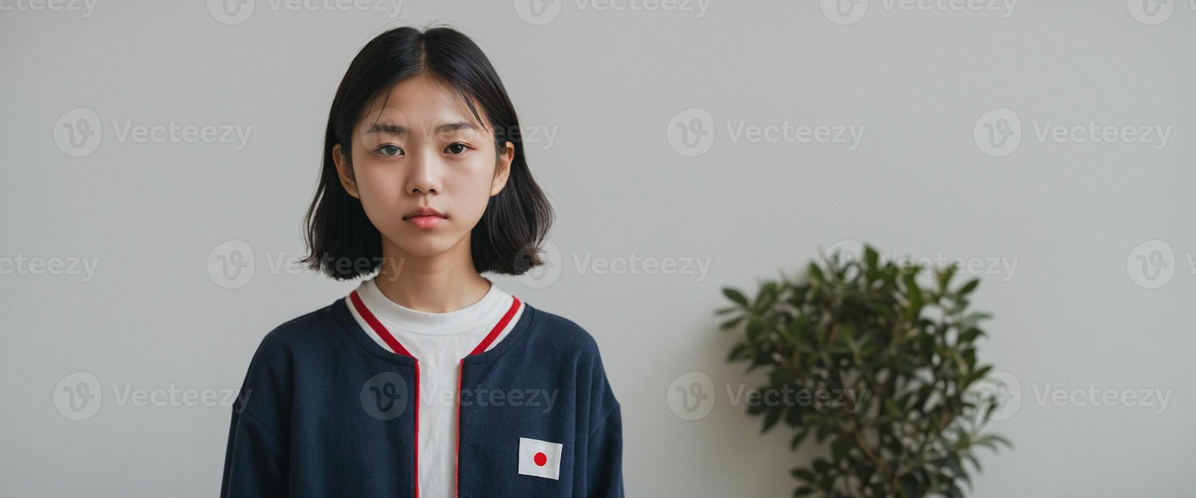 A young woman in a white shirt and blue jacket photo