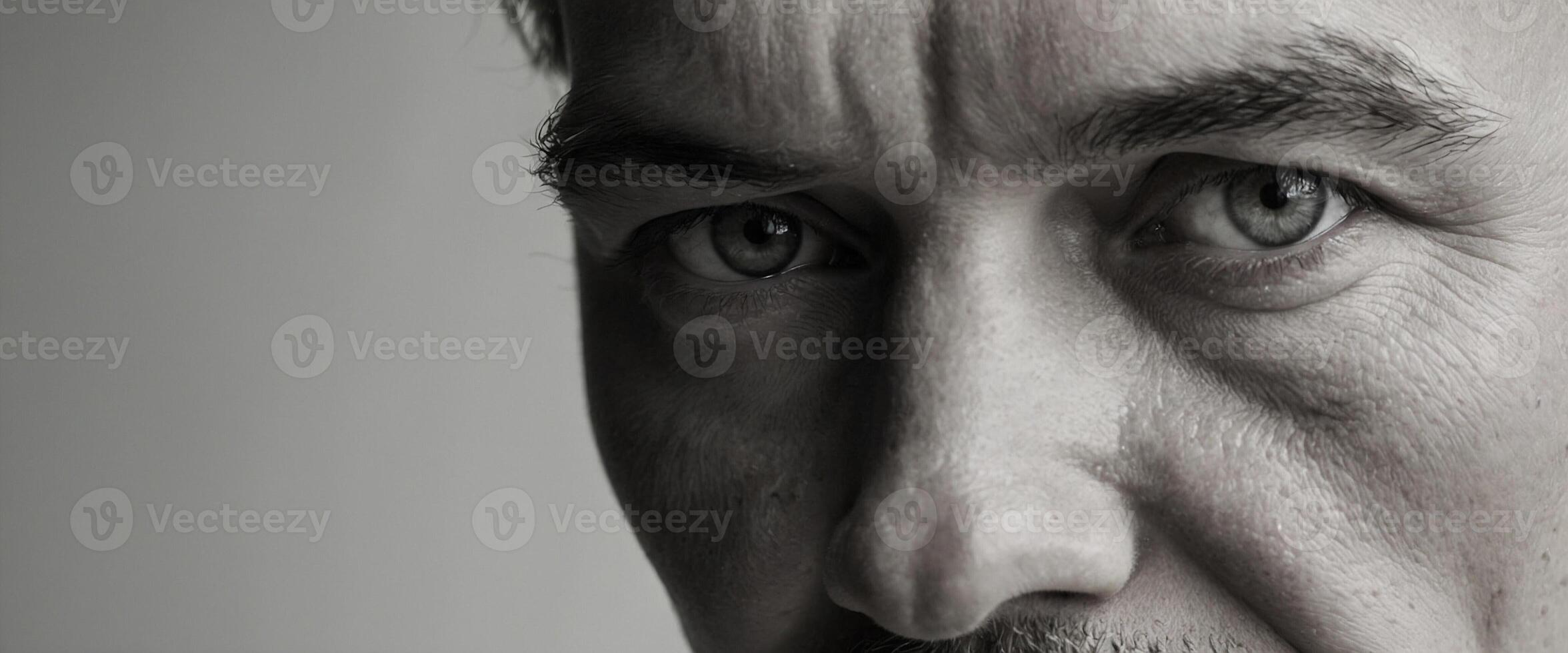 A close up of a man's face with a black and white photo