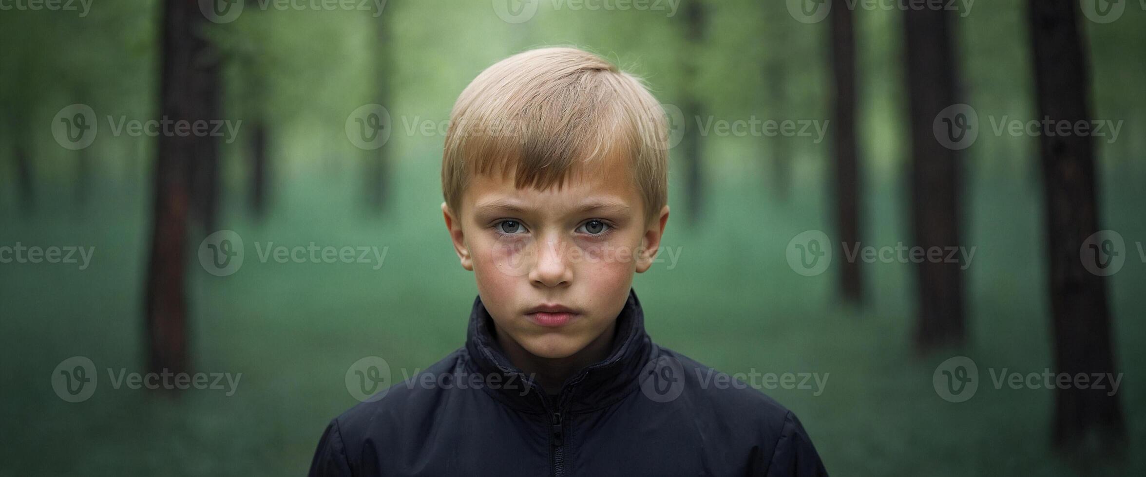 A young boy is looking at the camera in a forest photo