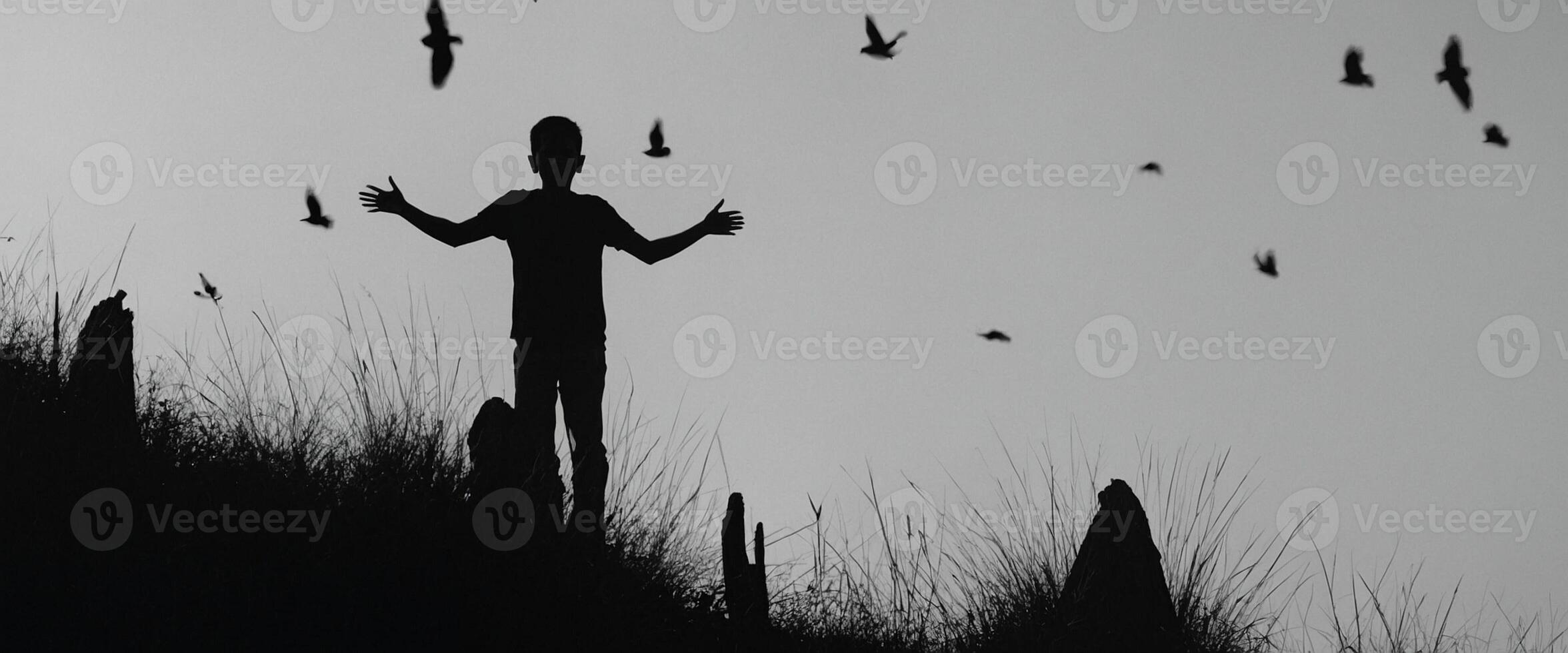 A man standing on a hill with birds flying around him photo