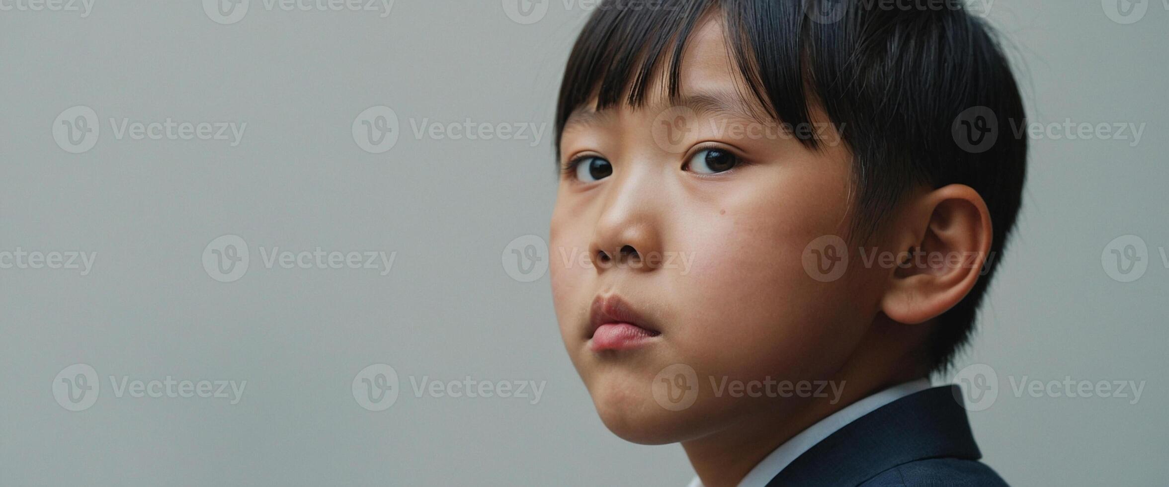 A young boy in a suit and tie looking up photo