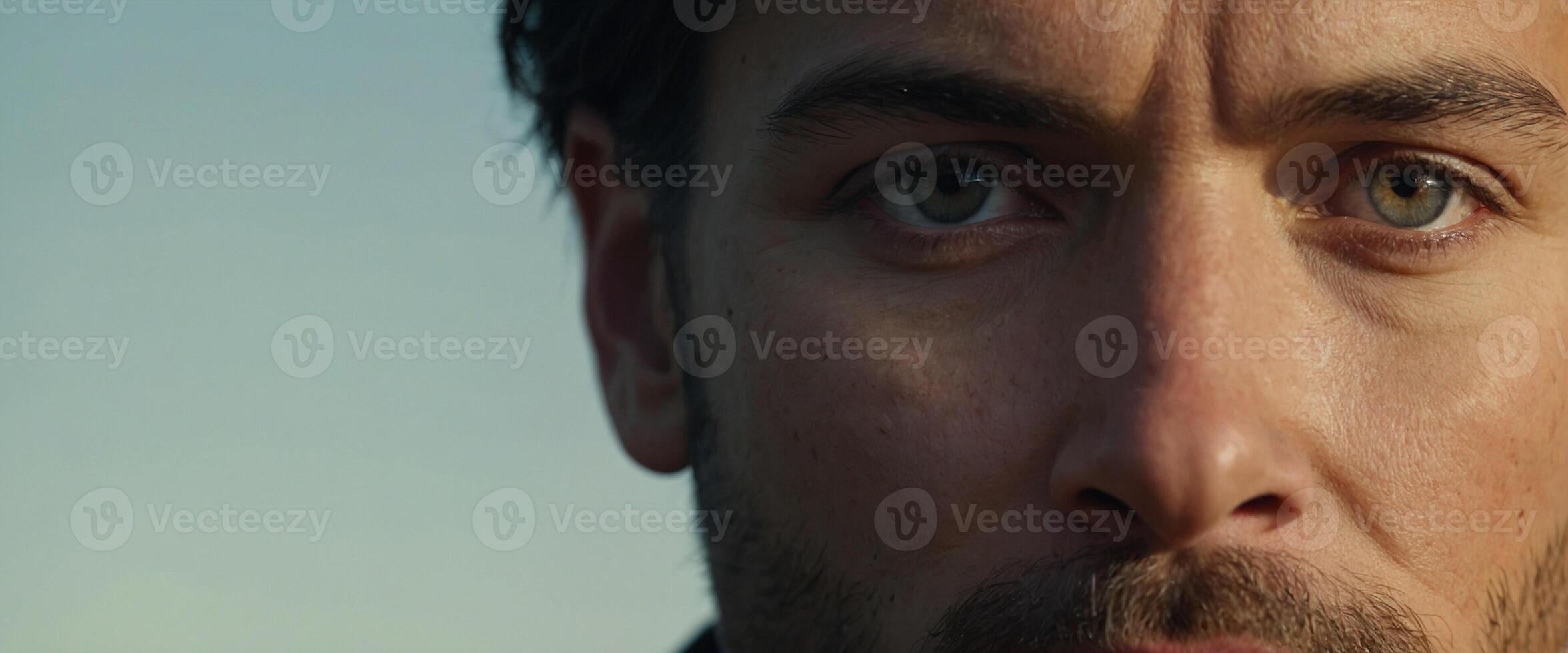 A close up of a man with a beard and a blue shirt photo
