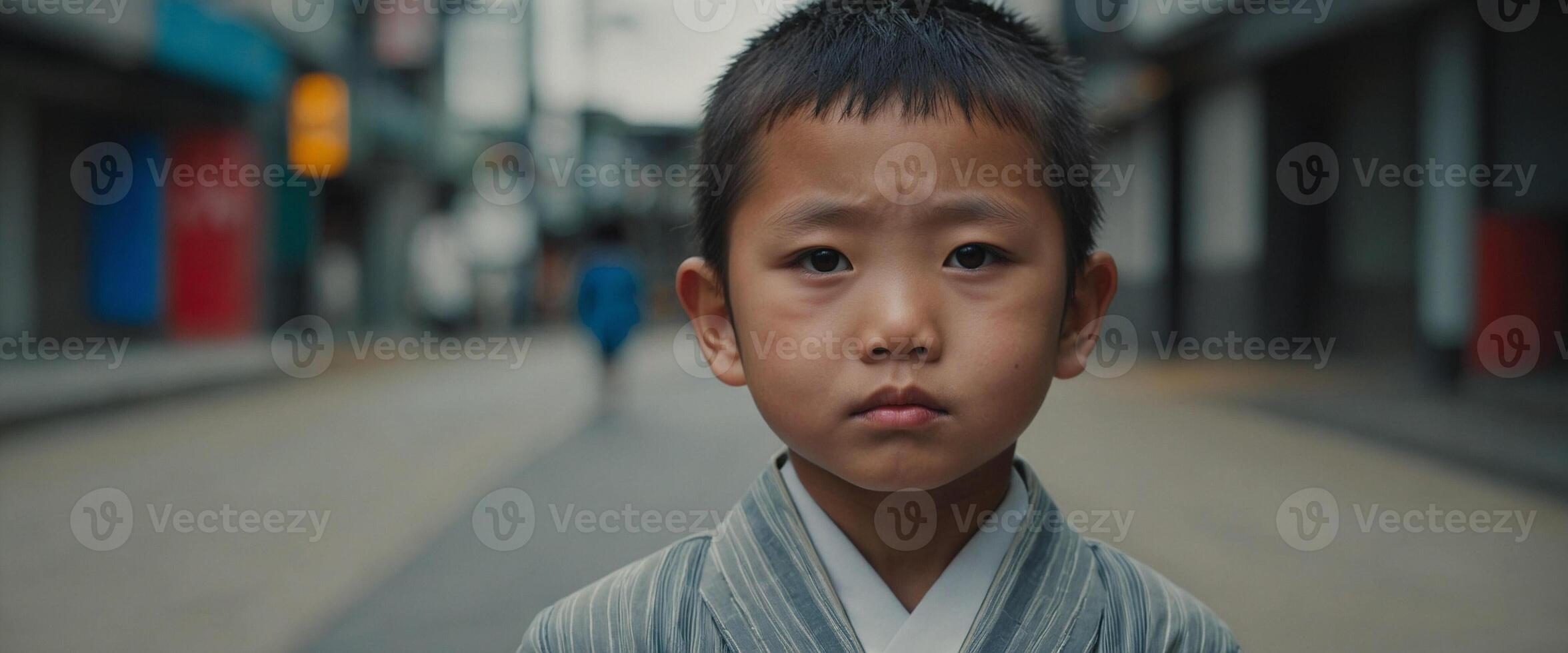 A young boy in a kimono standing on a street photo
