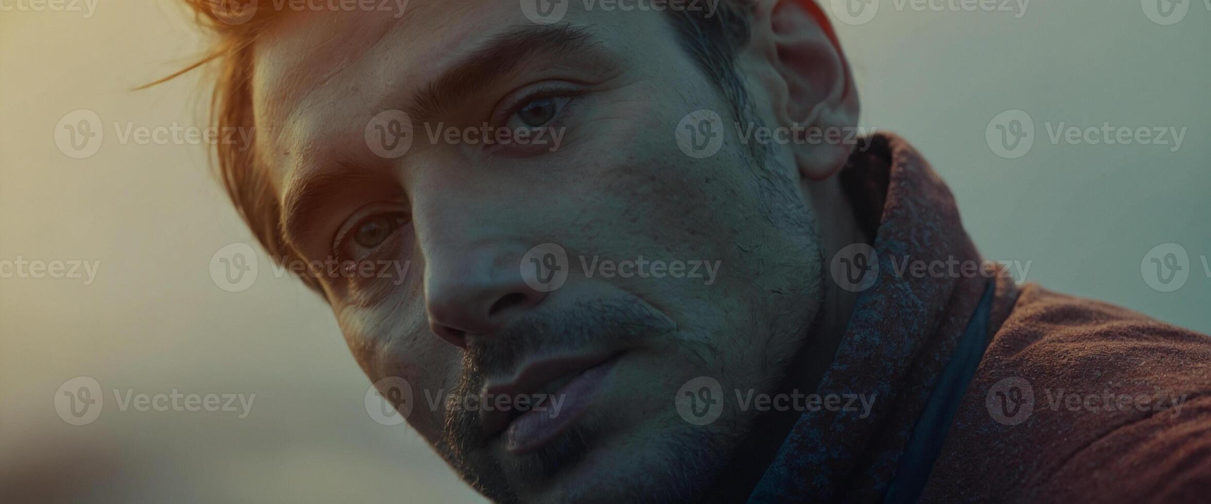 A man with a beard looks into the distance photo