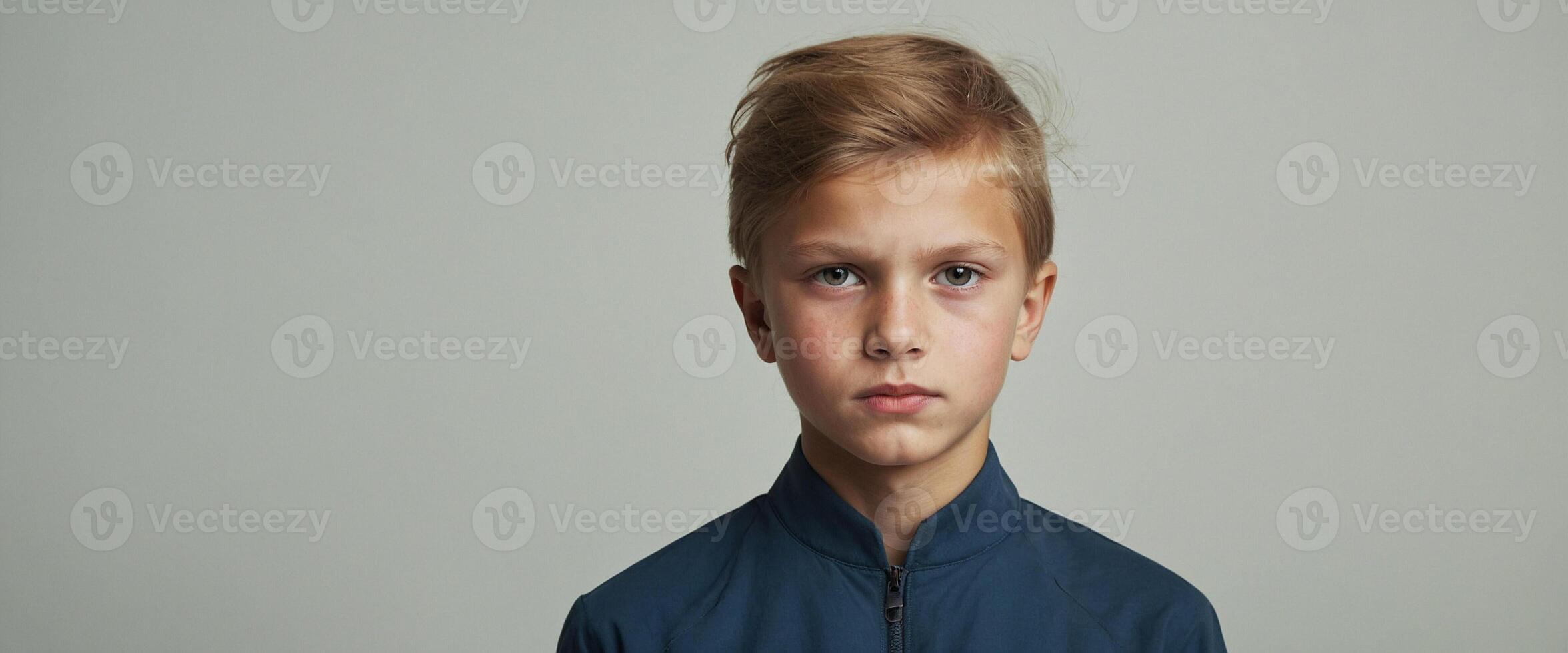A young boy with a sad expression on his face photo