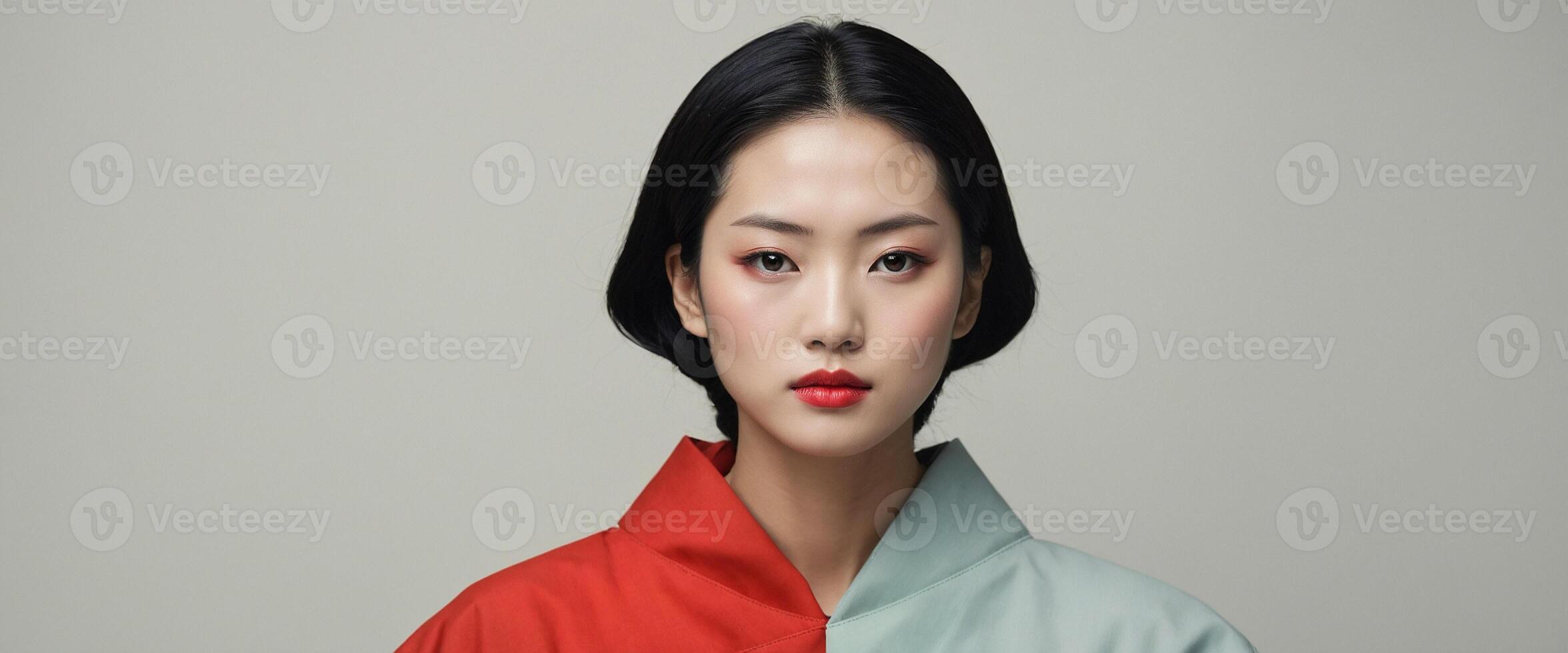 A woman in traditional clothing with red lips photo
