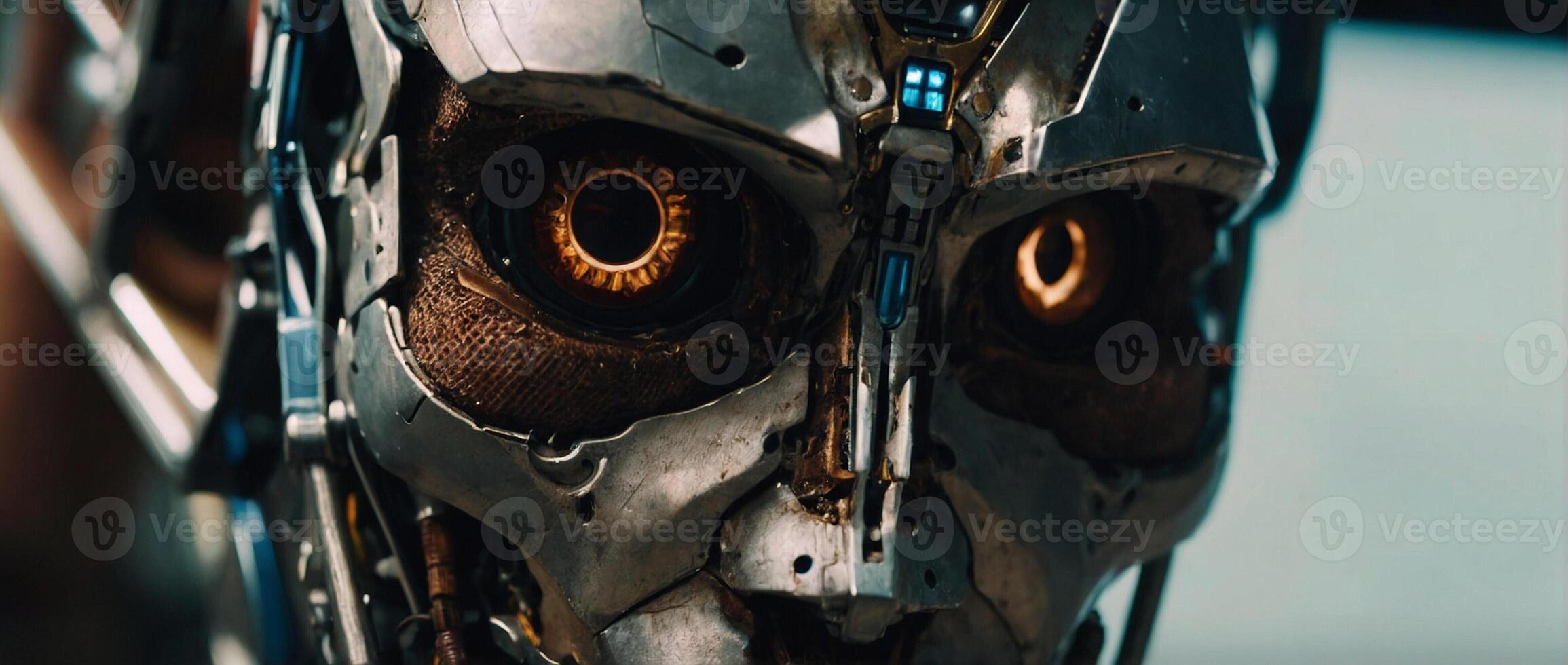 A close up of a robot's face with a metal face photo