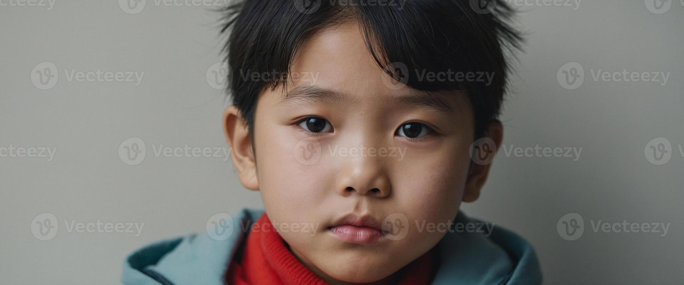 A young boy with a red sweater on looks to the side photo