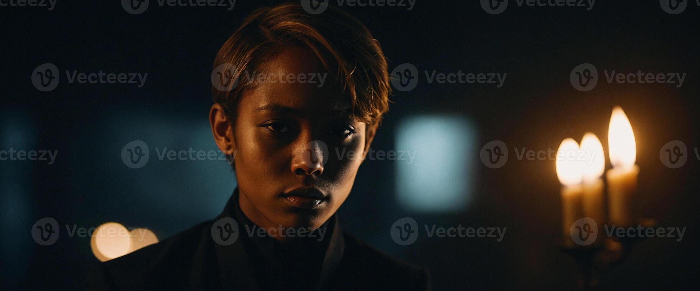 A woman in black standing in front of candles photo