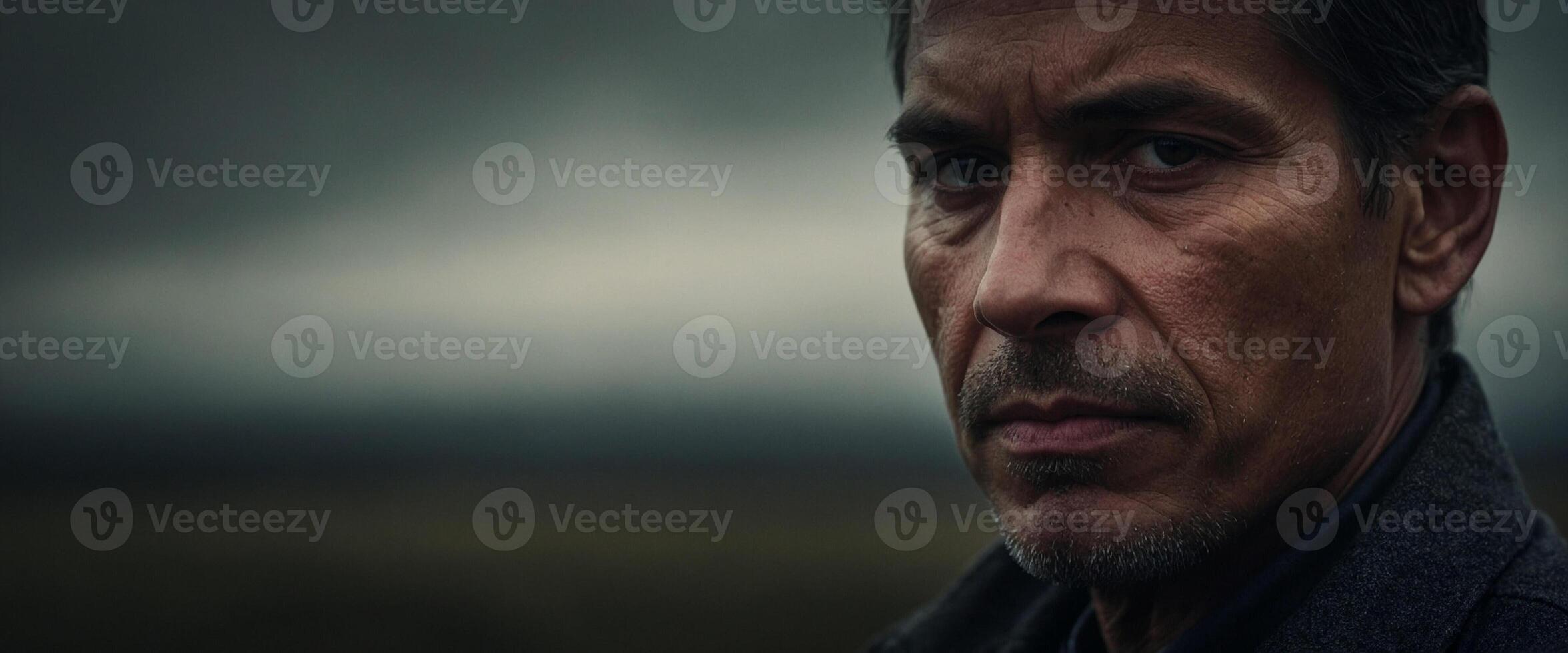 A man in a gray jacket looks away from the camera photo