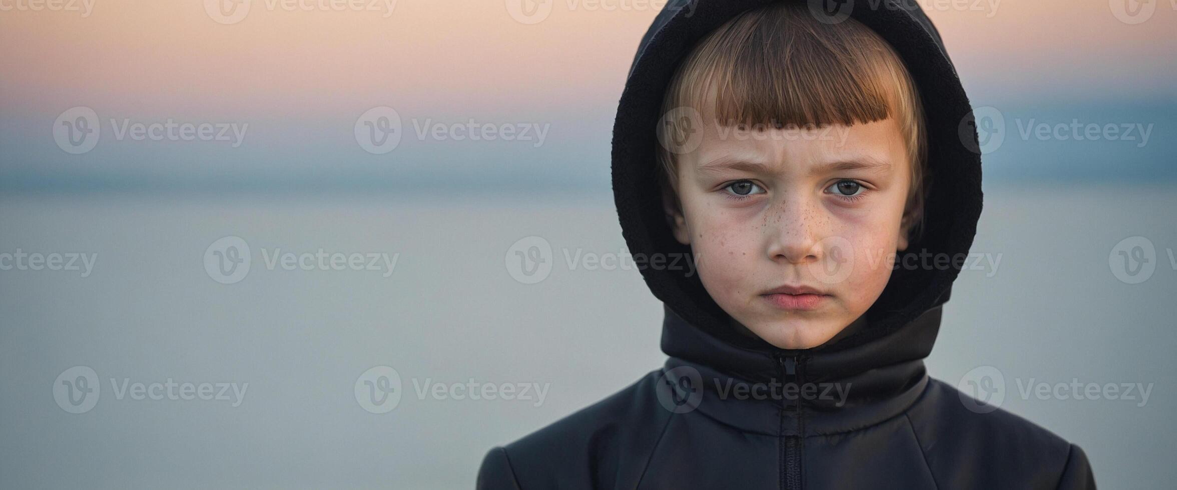 A young boy in a black hoodie photo