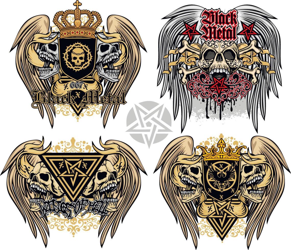 set, skull with wings vector