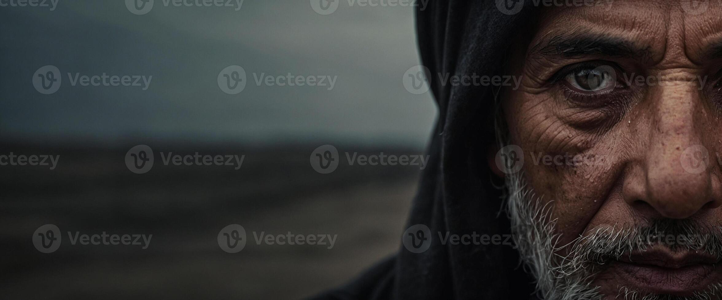 An old man with a hood on looks to the side photo