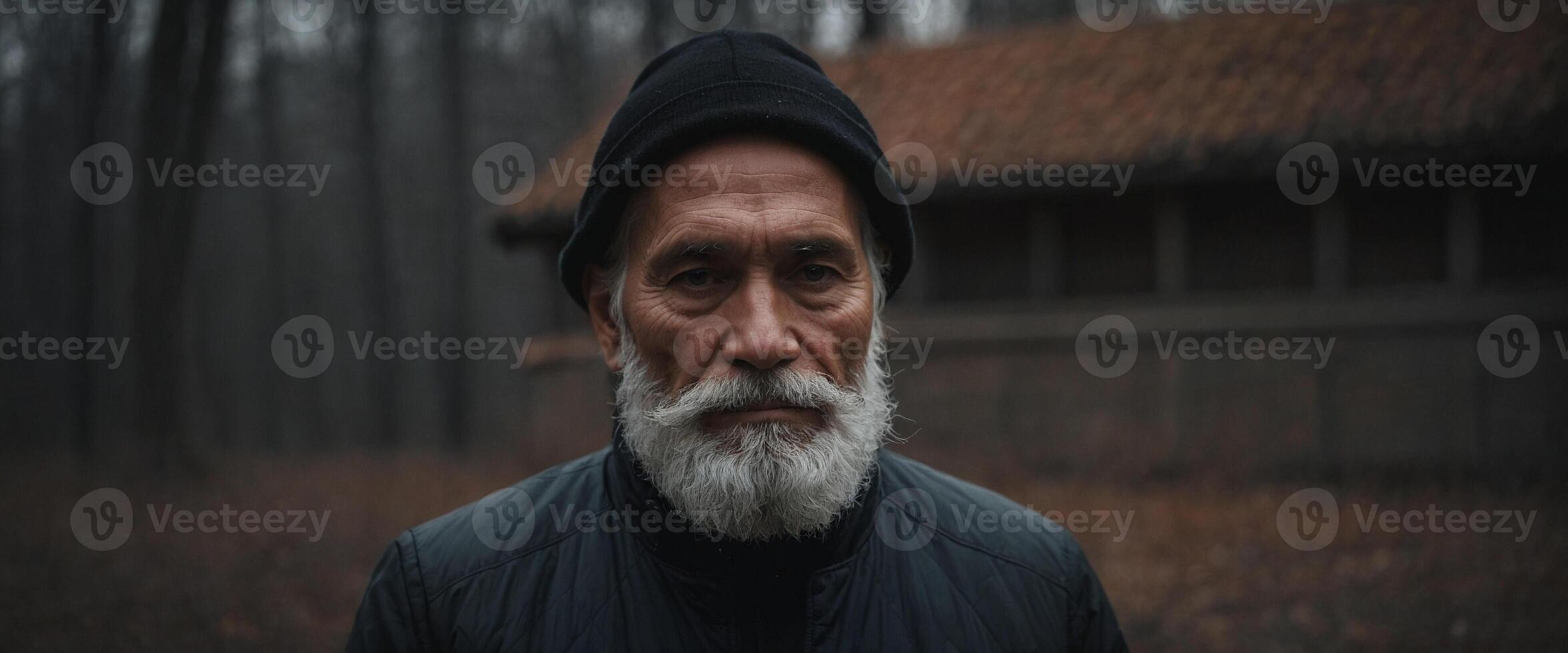An old man with a beard and a hat in the woods photo