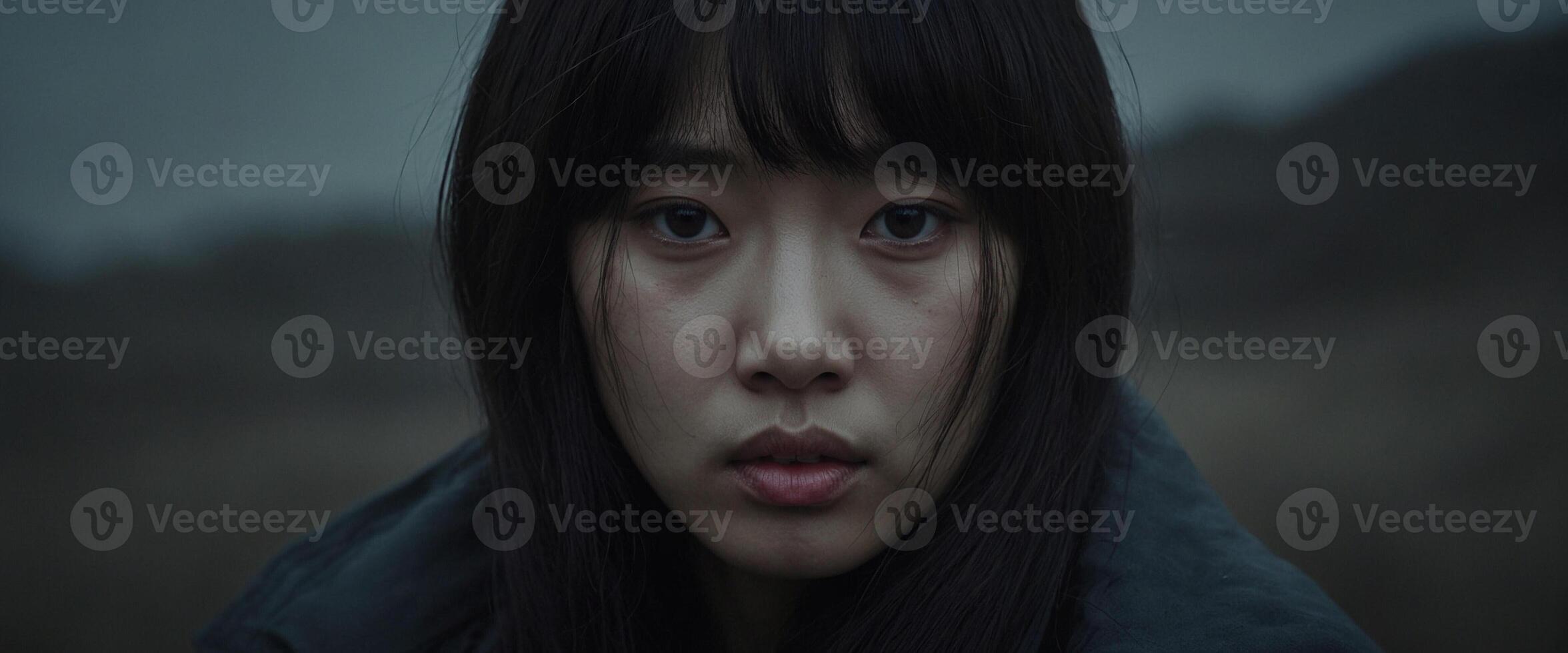 A young woman with dark hair and dark eyes photo