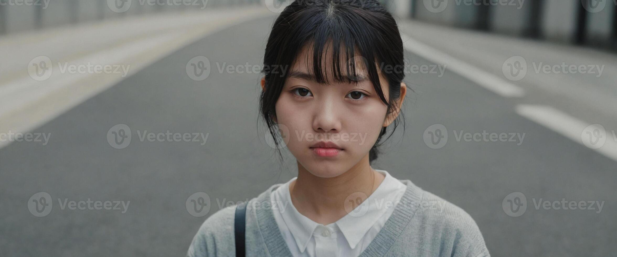 A young woman is standing on the street photo