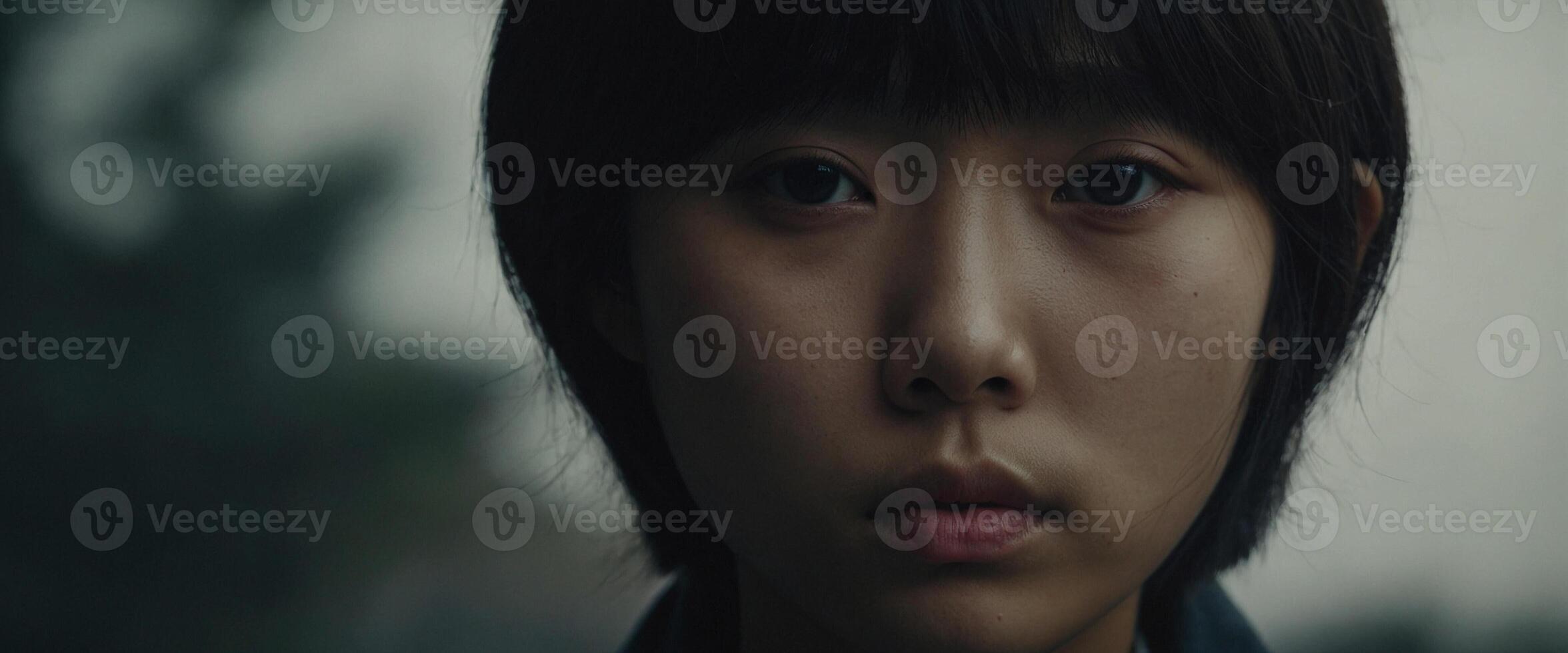 A young asian woman with short hair staring into the camera photo