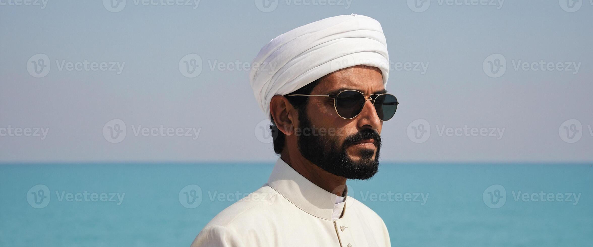 A man in a white turban and sunglasses standing near the ocean photo