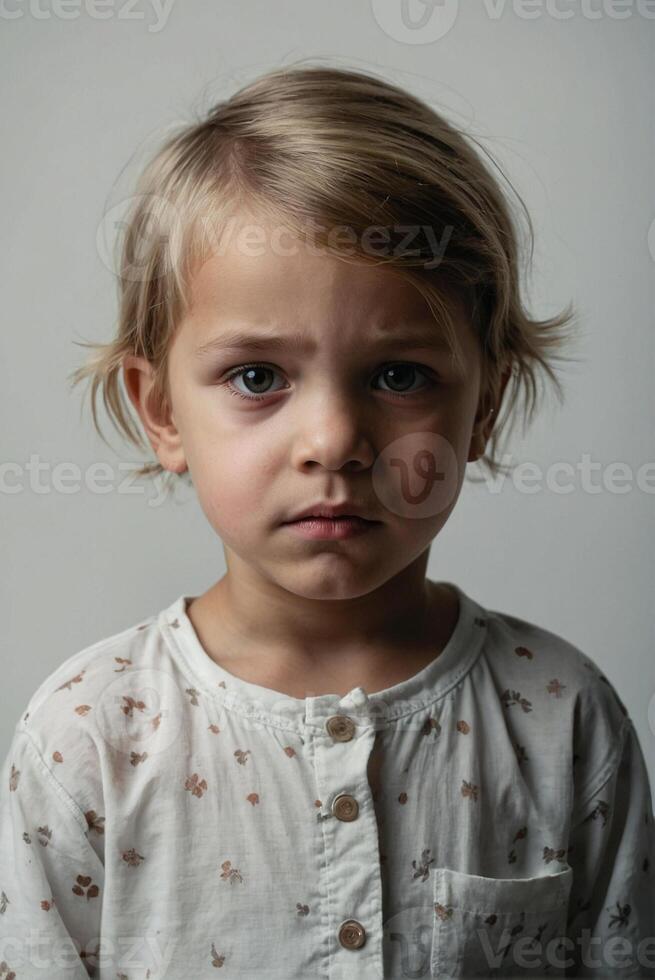A young child with blonde hair and a sad expression photo