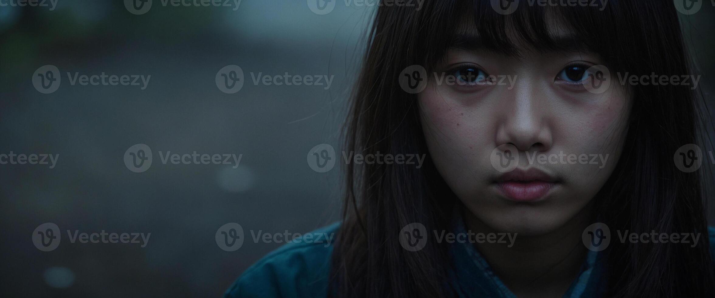 A young woman with long hair staring into the camera photo
