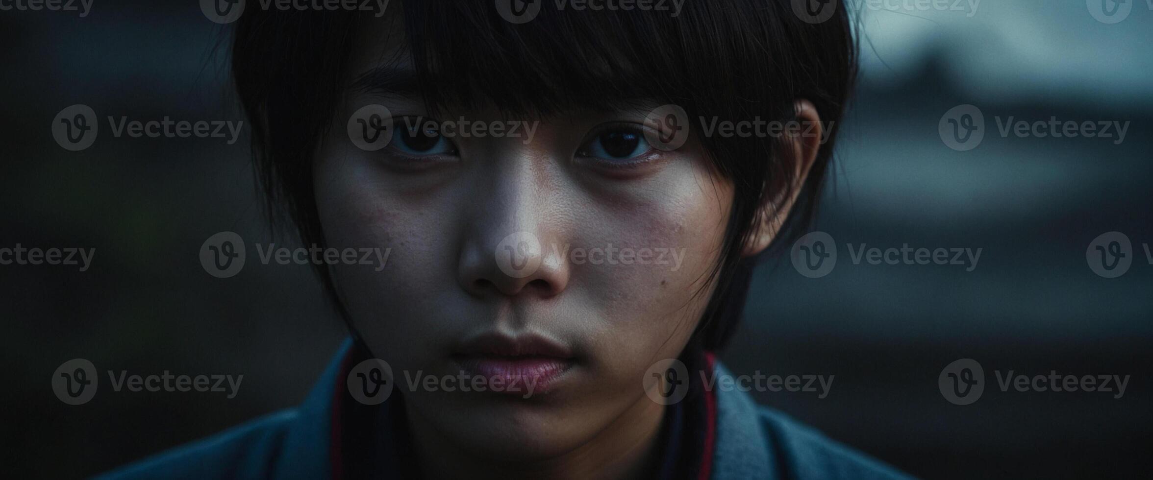 A young boy stares into the camera photo