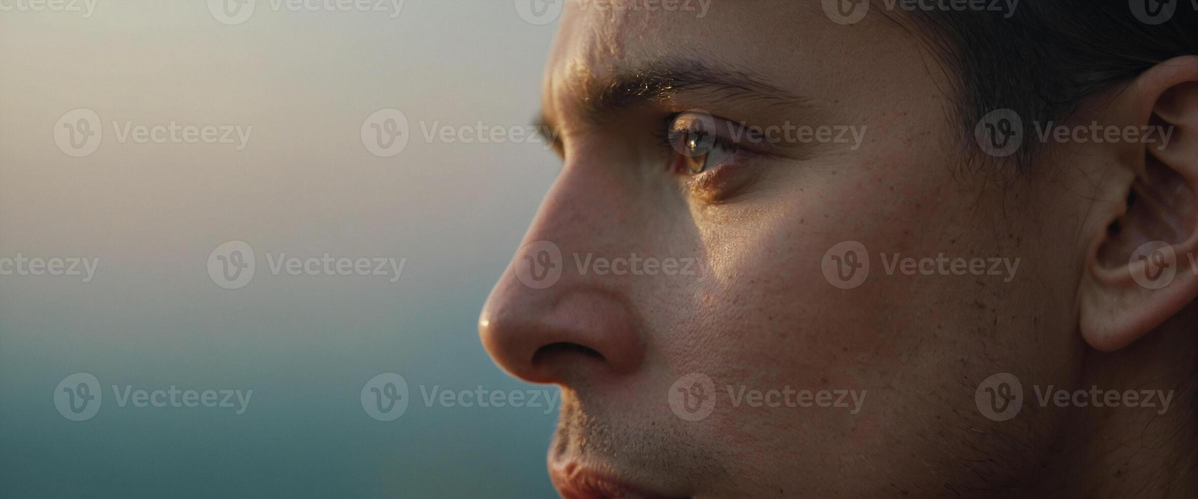 A man with long hair and a beard looks off into the distance photo