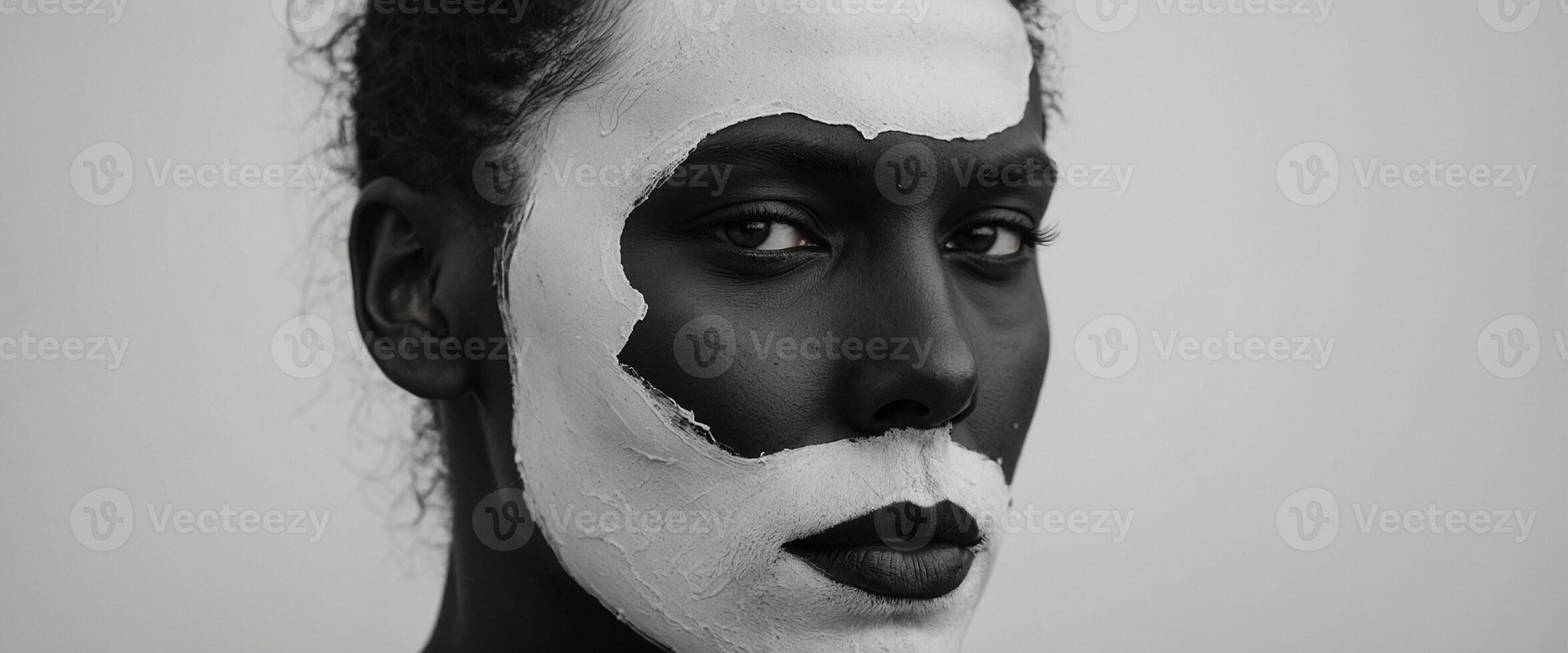A woman with a black and white face painted photo