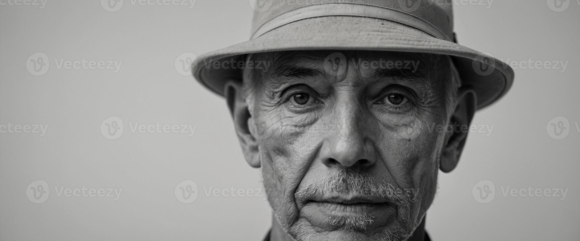 A black and white photo of an older man wearing a hat