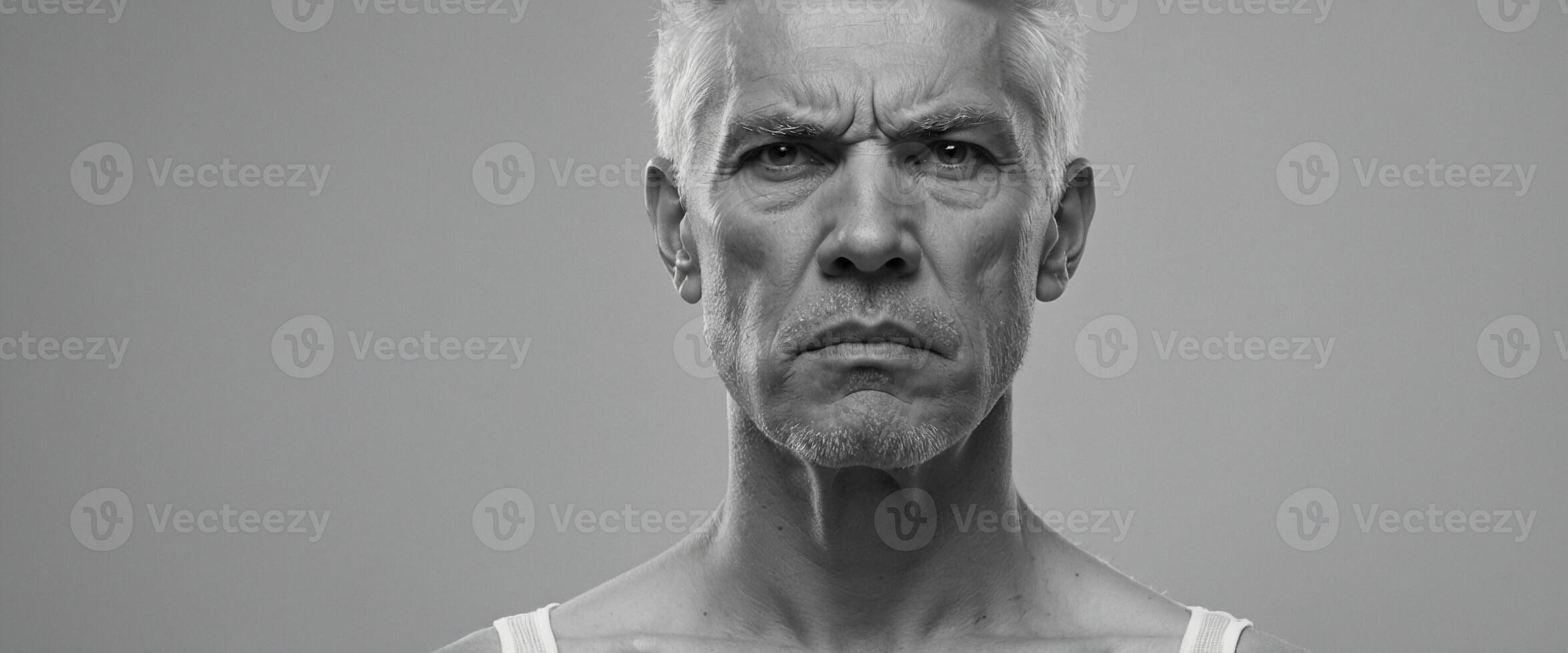 A man with a white shirt on looks angry photo