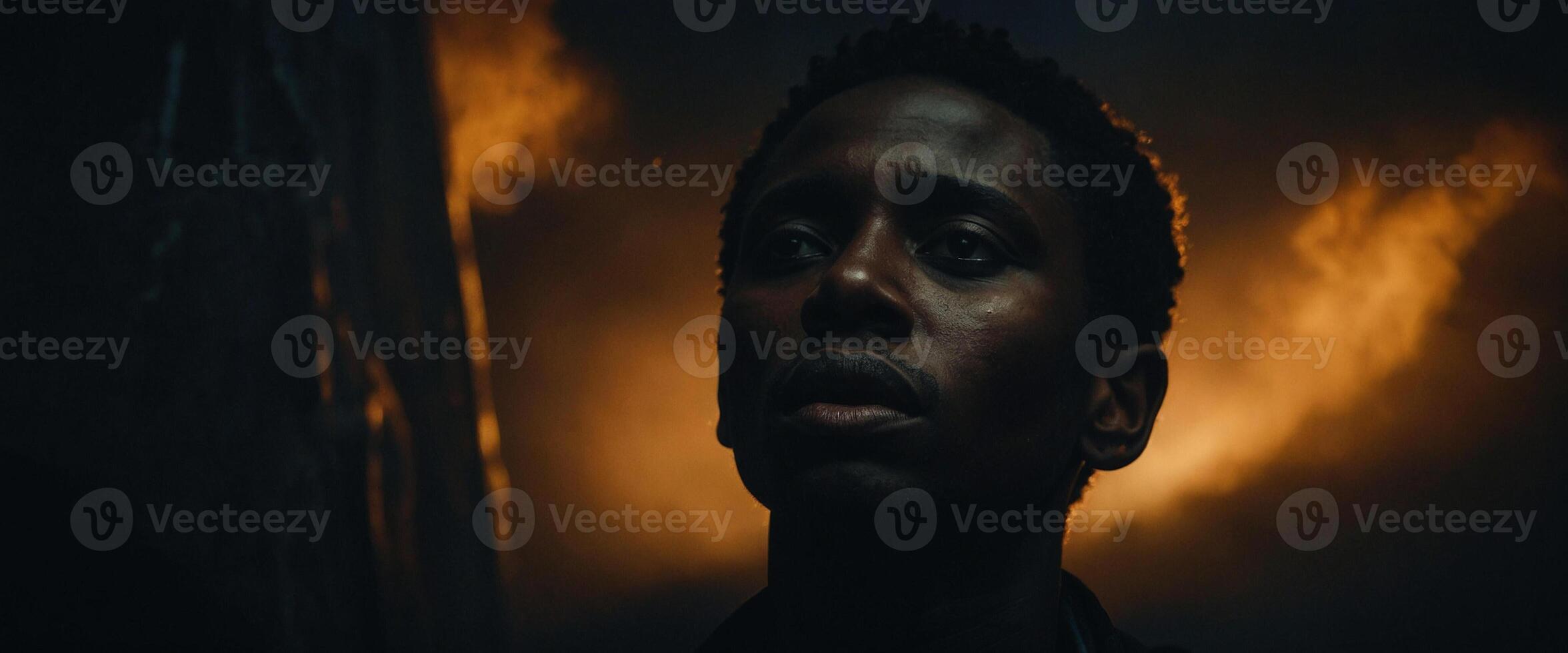 A man in the dark with a fire behind him photo