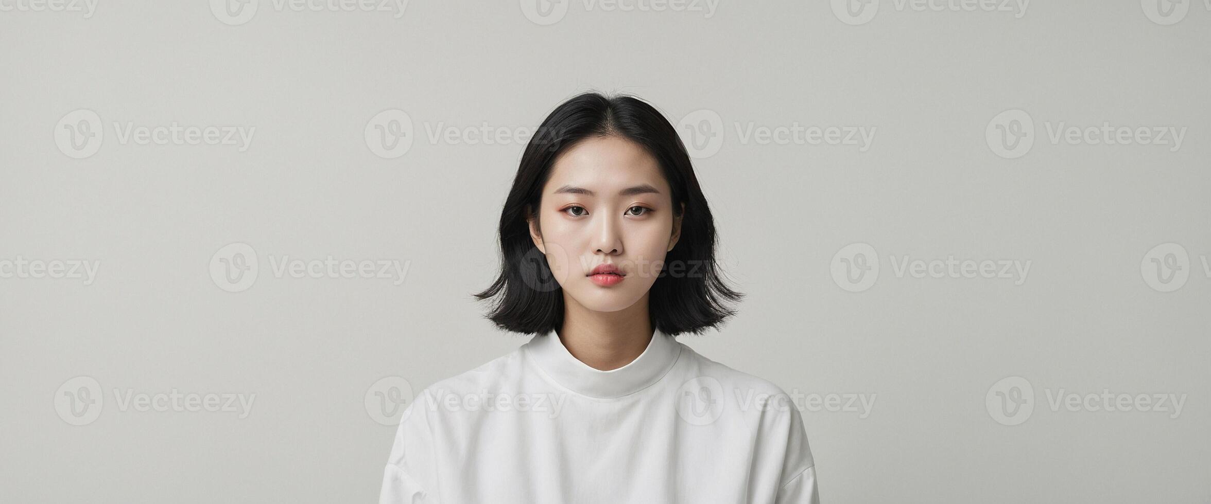 A woman in a white shirt and black hair photo