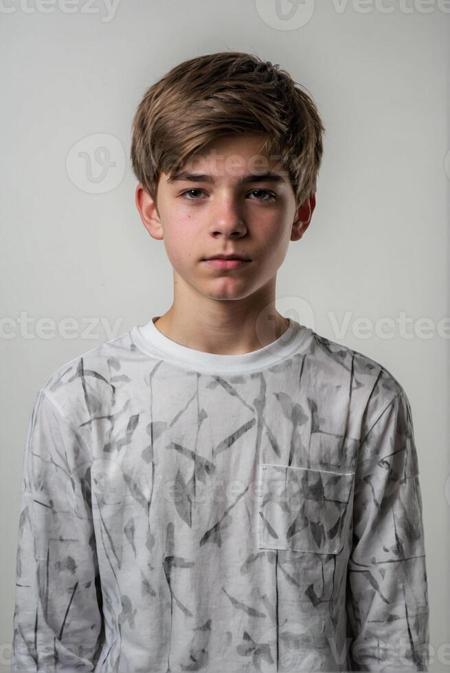A boy in a white shirt with a black and white pattern photo