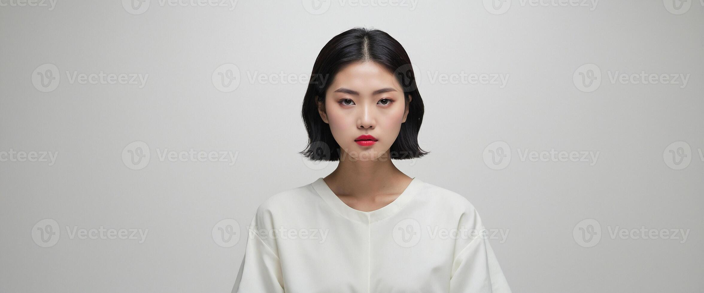 A woman with red lips and a white shirt photo