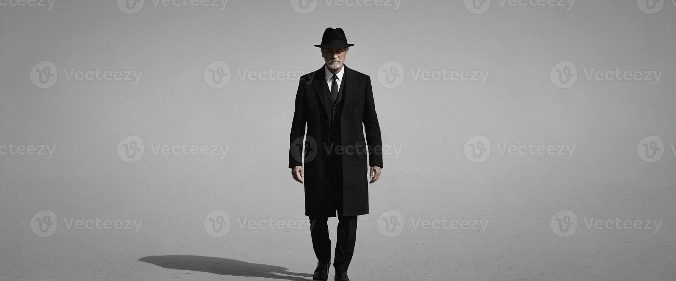 A man in a suit and hat standing in front of a gray background photo