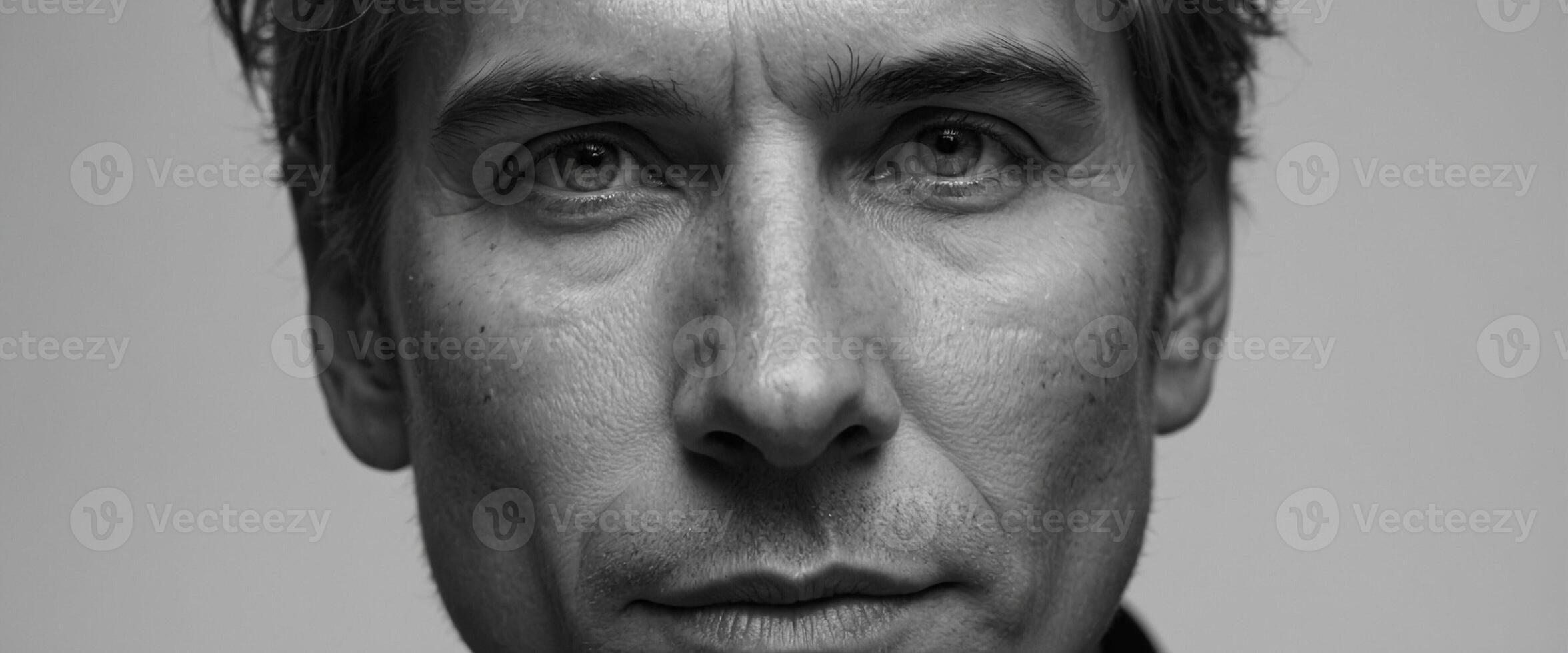 A black and white photo of a man with a serious look on his face