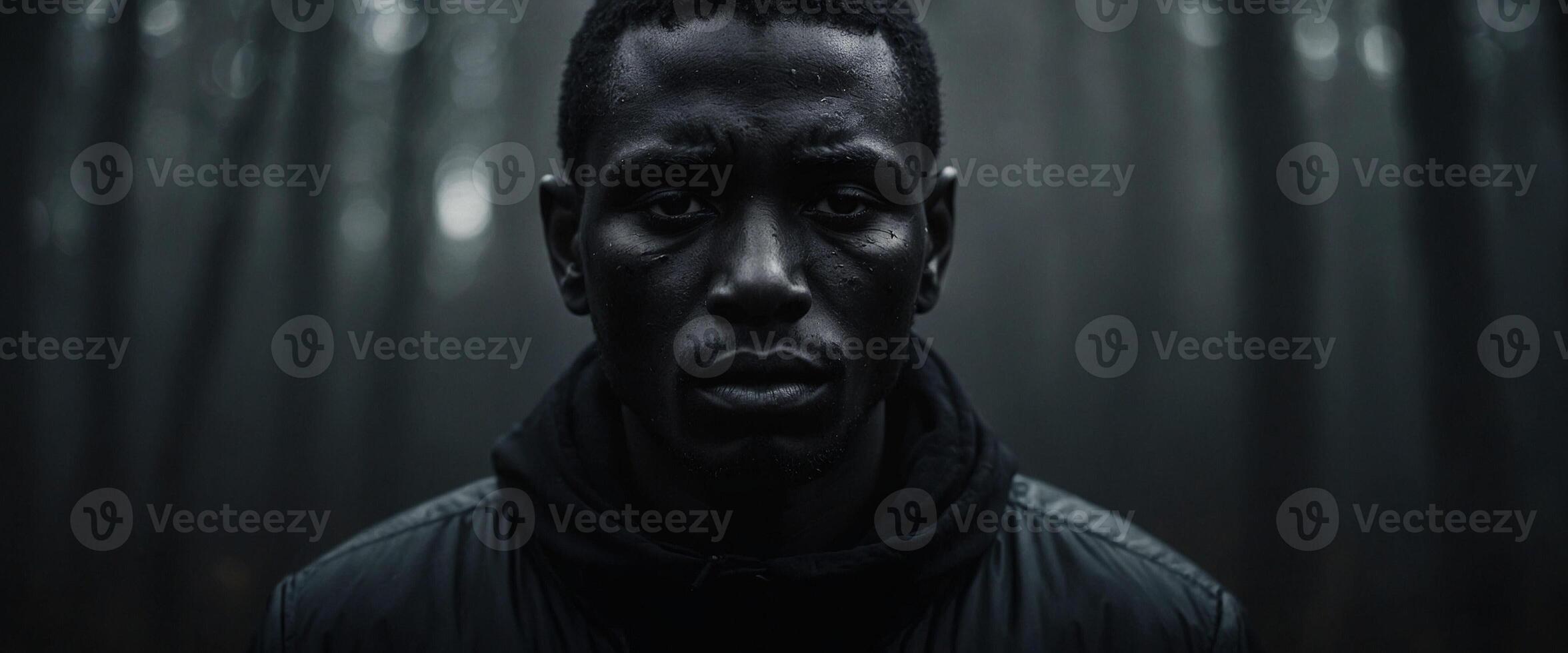 A man in the woods with dark trees photo